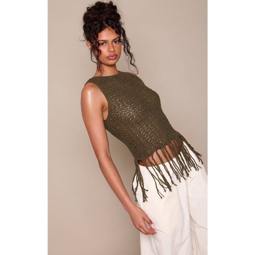 Khaki Haut En Crochet À Col Bateau Avec Franges | Taille XS - PrettyLittleThing - Modalova