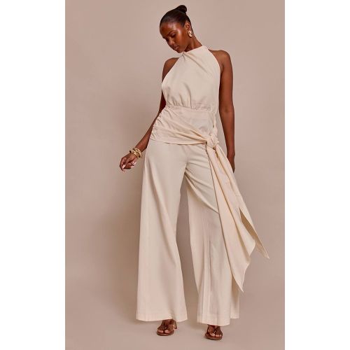 Combinaison Pantalon Large À Col Licou Avec Détail Drapé Couleur Crème Beurrée | Taille 42 - PrettyLittleThing - Modalova