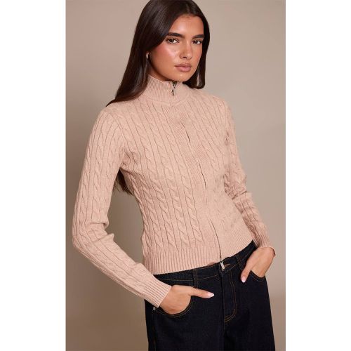 Oatmeal Synthétiquell Zippé À Manches Longues En Maille Torsadée | Taille XS - PrettyLittleThing - Modalova