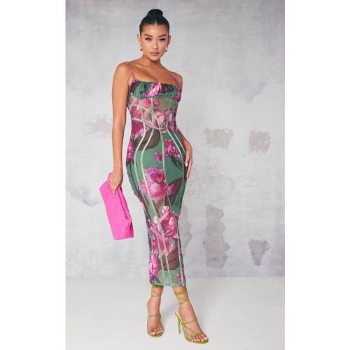 Green Robe Midaxi En Mesh À Imprimé Floral Avec Détail De Lacets | Taille 42 - PrettyLittleThing - Modalova