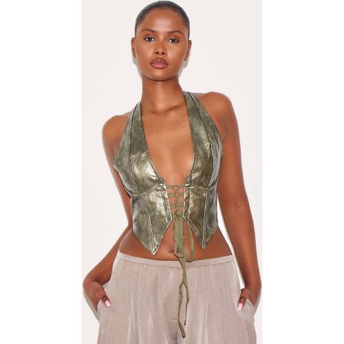 Dark Green Top Col Licou Plongeant À Laçage En Synthétique Effet Lavé | Taille 42 - PrettyLittleThing - Modalova
