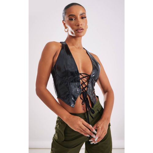 Black Top Col Licou Plongeant À Laçage En Synthétique Effet Lavé | Taille 42 - PrettyLittleThing - Modalova