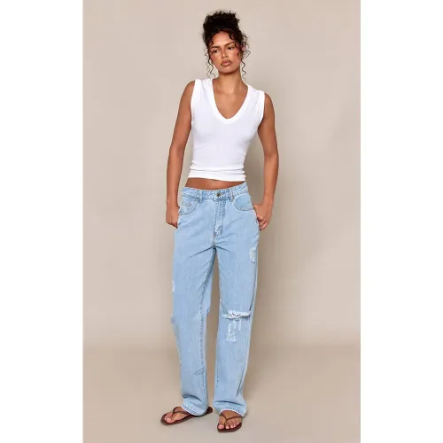 Jean Droit Taille Haute Effet Usé | Taille 32 - PrettyLittleThing - Modalova
