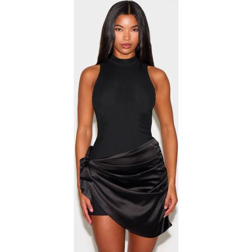 Black Robe Mini Drapée En Satin Tissé À Col Montant | Taille 42 - PrettyLittleThing - Modalova
