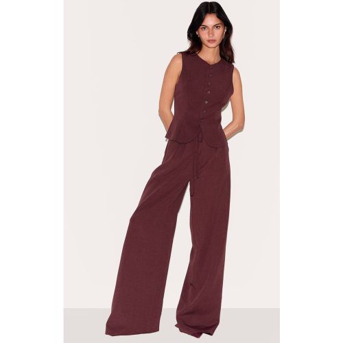 Wine Pantalon Large Tissé Ajusté Avec Détail Nœud À La Taille | Taille 32 - PrettyLittleThing - Modalova