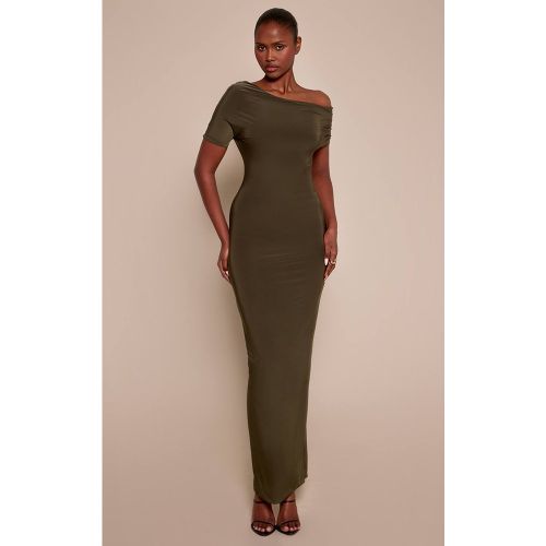 Olive Robe Longue Asymétrique À Manches Froncées En Tissu Soyeux Double Épaisseur | Taille 36 - PrettyLittleThing - Modalova