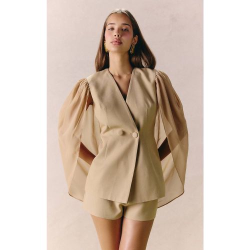 Sand Ensemble Coordonné Blazer Tissé À Décolleté Plongeant Avec Cape En Mousseline Et Dos Drapé | Taille 32 - PrettyLittleThing - Modalova