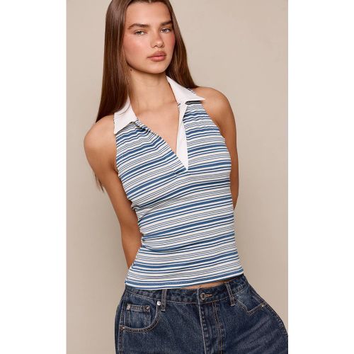 Blue Haut Style Rugby Sans Manches À Rayures | Taille 42 - PrettyLittleThing - Modalova