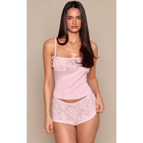 Ensemble Pyjama Caraco Ajusté Et Short En Dentelle Rose Poudré Avec Nœud Détail Poitrine | Taille XS - PrettyLittleThing - Modalova