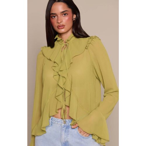 Apple Green Chemisier En Mousseline À Volants Et Nœud Devant | Taille 32 - PrettyLittleThing - Modalova
