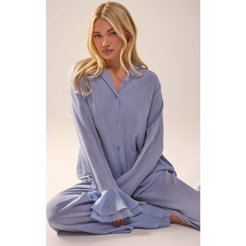 Baby Blue Ensemble Pyjama Pantalon Froissé À Boutons Avec Manches À Volants Contrastés | Taille XS - PrettyLittleThing - Modalova