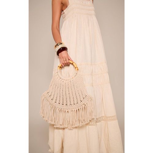 Cream Sac À Main En Macramé À Pompon Avec Poignée En Bois - PrettyLittleThing - Modalova