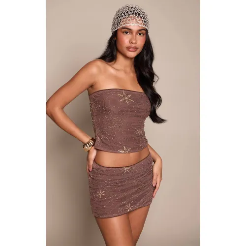 Brown Ensemble Crop Top Bandeau En Mesh Avec Perles | Taille 42 - PrettyLittleThing - Modalova