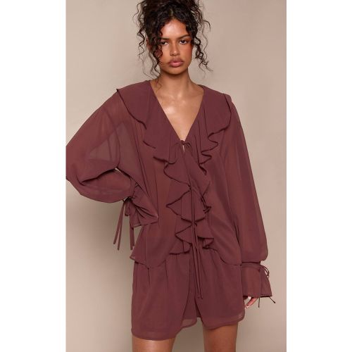Dark Brown Ensemble Coordonné Blouse En Mousseline À Volants Et Décolleté Plongeant | Taille 32 - PrettyLittleThing - Modalova