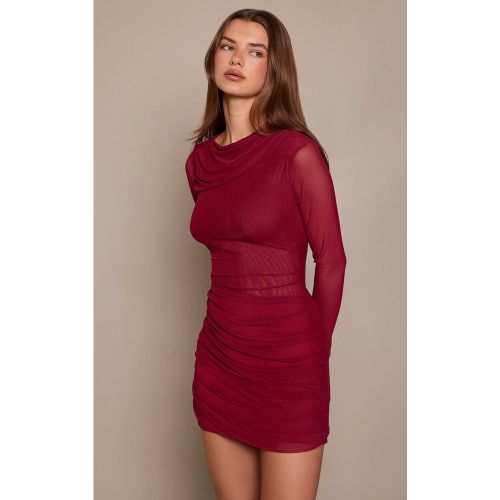 Burgundy Robe Courte Drapée À Manches Longues En Maille | Taille 42 - PrettyLittleThing - Modalova