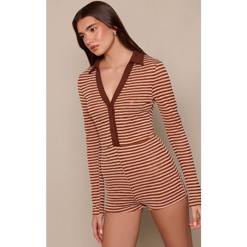 Brown Combi-pantalon À Rayures Côtelées Avec Col Et Manches Longues | Taille 42 - PrettyLittleThing - Modalova