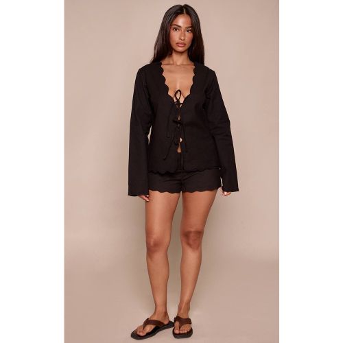 Black Short Mini Coordonné À Bords Festonnés Effet Lin Petite | Taille XS - PrettyLittleThing - Modalova