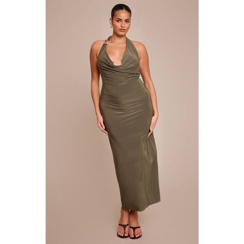 Olive Robe Maxi Grande Taille Col Licou En Tissu Slinky Avec Détail Boucle | Taille 46 - PrettyLittleThing - Modalova