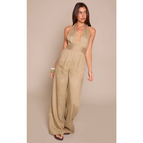 Khaki Combinaison-pantalon Aspect Lin Col Licou Avec Dos À Nouer | Taille 32 - PrettyLittleThing - Modalova