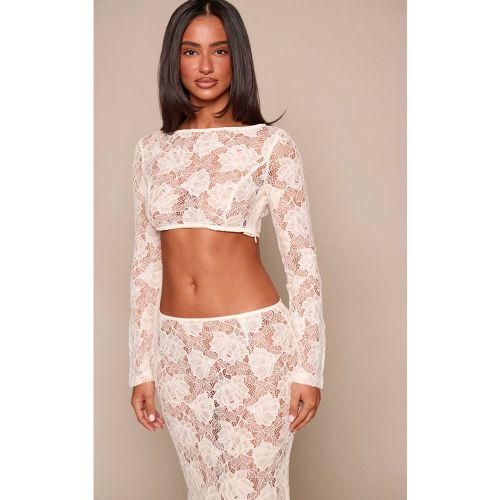 Cream Haut Court En Dentelle Florale Transparente Avec Dos Ouvert À Nouer Coordonné Petite | Taille 42 - PrettyLittleThing - Modalova