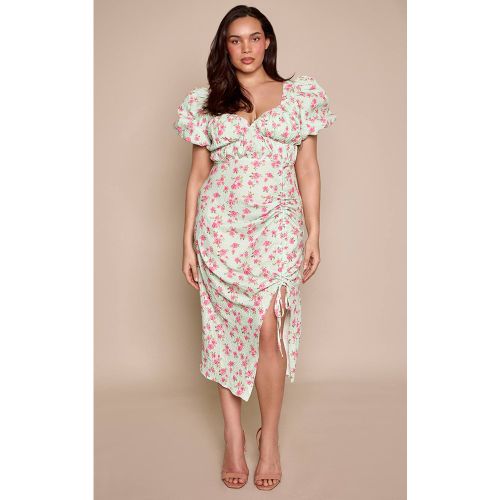 Mint Robe Midi Grande Taille À Manches Bouffantes, Détails Froncés Et Fente Latérale À Motif Floral | Taille 44 - PrettyLittleThing - Modalova