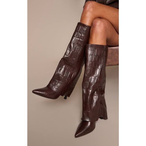Bottes Hautes À Talon En Synthétiquecuir Effet Croco Avec Revers Au Genou | Taille 31 - PrettyLittleThing - Modalova