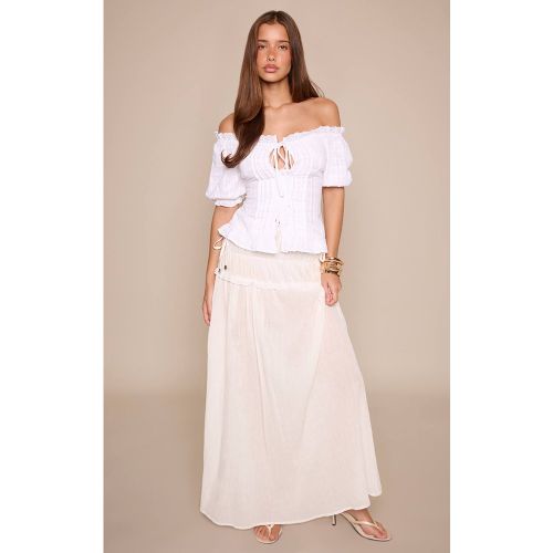 White Jupe Longue En Coton À Taille Froncée Avec Détail De Perles Et Lien | Taille 42 - PrettyLittleThing - Modalova