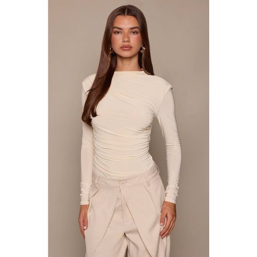 Cream Body Manches Longues En Tissu Slinky Double Épaisseur Avec Détail Drapé Froncé | Taille 42 - PrettyLittleThing - Modalova