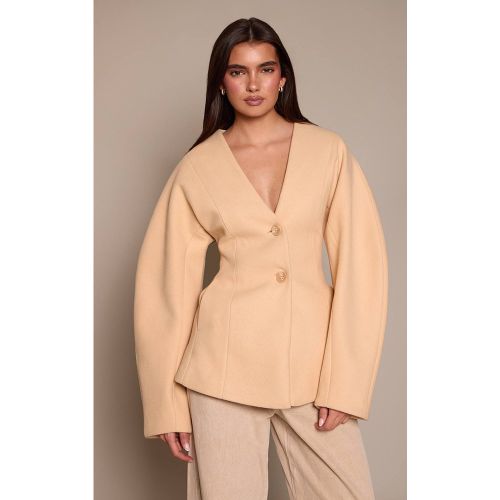 Cream Blazer À Carreaux Sans Col Avec Manches Cocon | Taille XS - PrettyLittleThing - Modalova