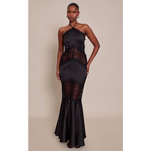 Black Robe Longue Dos Nu En Satin Avec Dentelle | Taille 42 - PrettyLittleThing - Modalova