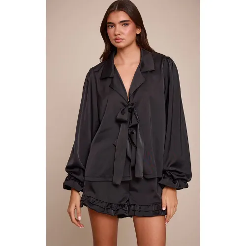 Black Pyjama À Volants Avec Nœud À Nouer | Taille XS - PrettyLittleThing - Modalova