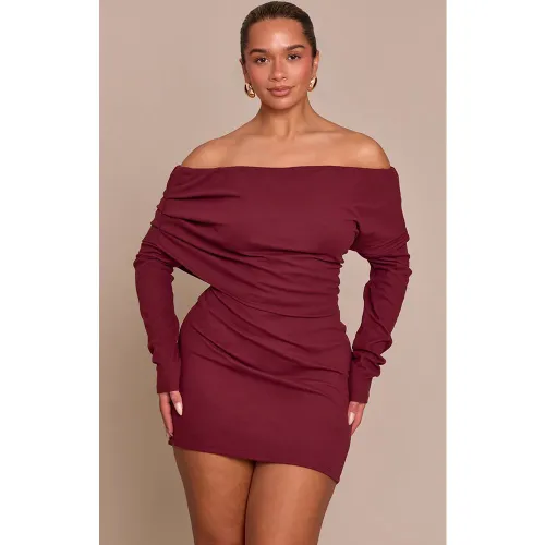 Burgundy Robe Moulante À Manches Longues En Tissu Doux Toucher Bardot Avec Col Replié | Taille XS - PrettyLittleThing - Modalova