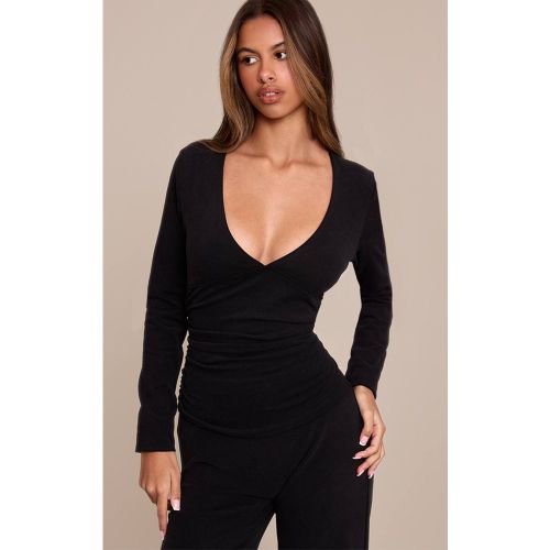 Black Haut Petite À Manches Longues Col V En Coton Doux | Taille XS - PrettyLittleThing - Modalova