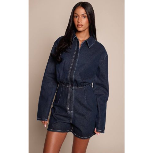 Combi-short En Jean Indigo Brut À Manches Longues Pour Grandes Tailles | Taille 36 - PrettyLittleThing - Modalova