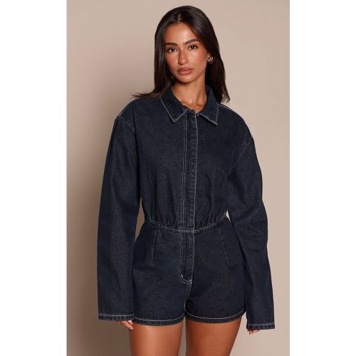 Indigo Combinaison-short Petite En Denim Brut Indigo À Manches Longues | Taille 42 - PrettyLittleThing - Modalova