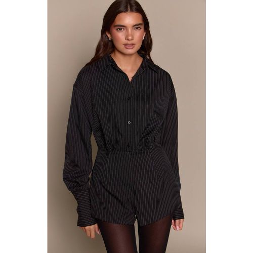 Black Combinaison-short Rayée Tissée À Manches Longues Et Boutonnage | Taille 32 - PrettyLittleThing - Modalova