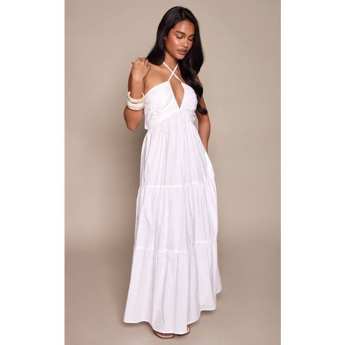 White Robe Longue Étagée En Popeline De Coton À Encolure Croisée Dos Nu | Taille 44 - PrettyLittleThing - Modalova