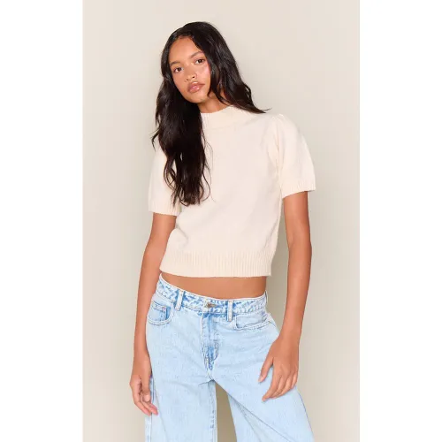 Cream Haut En Maille Col Montant À Manches Bouffantes | Taille XS - PrettyLittleThing - Modalova