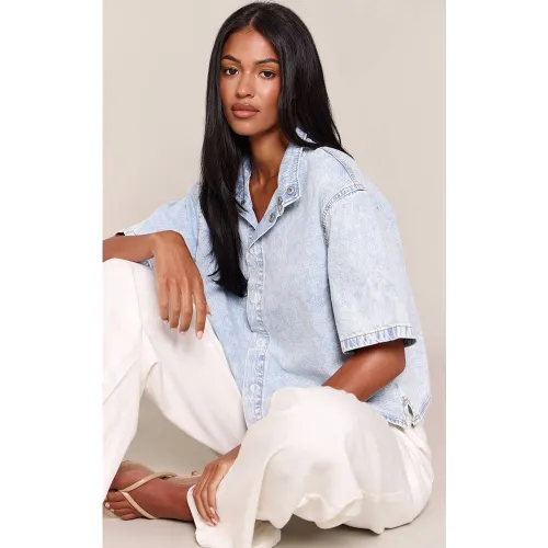Ice Blue Chemise En Jean À Manches Courtes Et Col Cheminée Tall | Taille 42 - PrettyLittleThing - Modalova