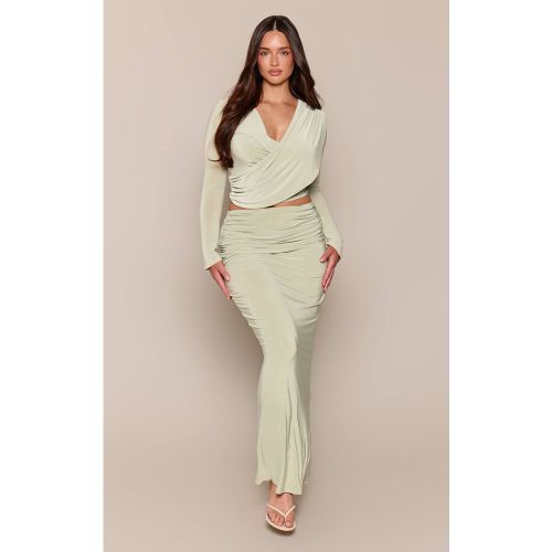 Sage Green Ensemble Pantalon Large À Jambes Évasées En Tissu Slinky Moulant Avec Ceinture Enveloppante | Taille 42 - PrettyLittleThing - Modalova