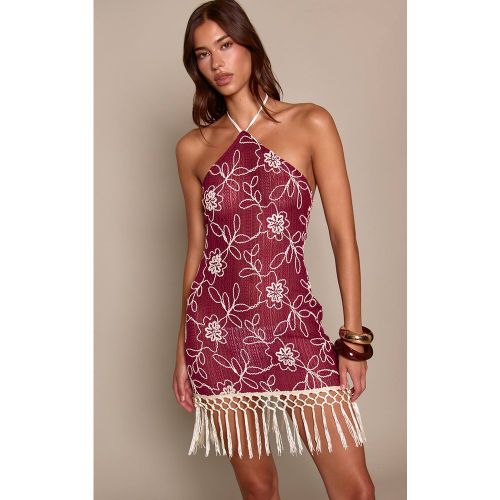 Wine Robe Courte À Franges Col Licou Texturé Motif Floral | Taille 34 - PrettyLittleThing - Modalova