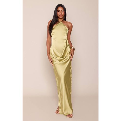 Olive Robe Longue En Satin À Détail Drapé Asymétrique | Taille 42 - PrettyLittleThing - Modalova