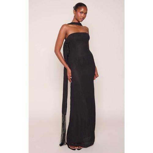 Black Robe Longue En Mousseline À Dos Drapé Et Ourlet À Franges | Taille 42 - PrettyLittleThing - Modalova
