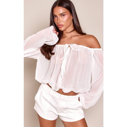 White Chemisier Texturé En Mousseline Col Bardot Avec Détail Noué | Taille 34 - PrettyLittleThing - Modalova