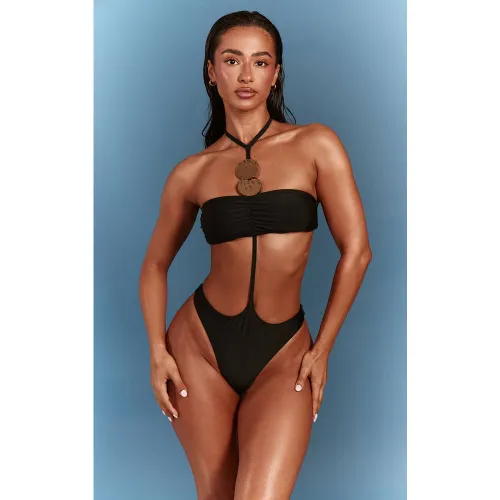 Black Maillot De Bain Bandeau À Découpes Avec Ornements Disques | Taille 42 - PrettyLittleThing - Modalova