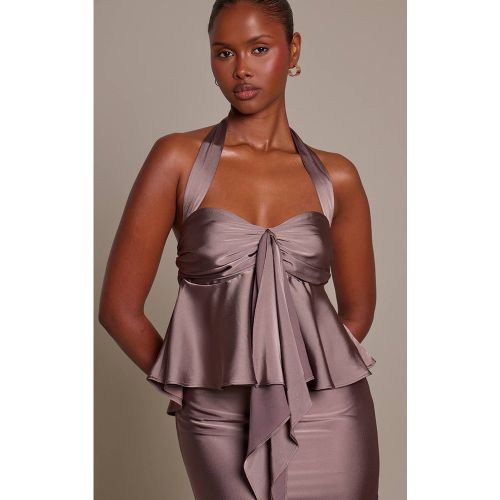 Mocha Haut Col Licou À Détail Volant En Satin Ensemble Coordonné | Taille 42 - PrettyLittleThing - Modalova
