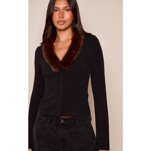 Black Haut À Manches Longues Avec Col En Synthétique Contrastante Et Boutonnage | Taille 42 - PrettyLittleThing - Modalova