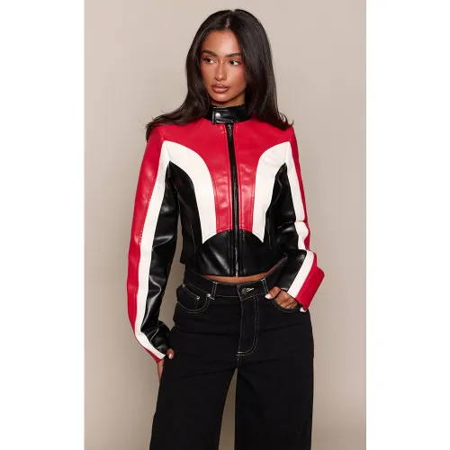 Black Veste De Motard Petite En Synthétique À Bandes Contrastées | Taille XS - PrettyLittleThing - Modalova