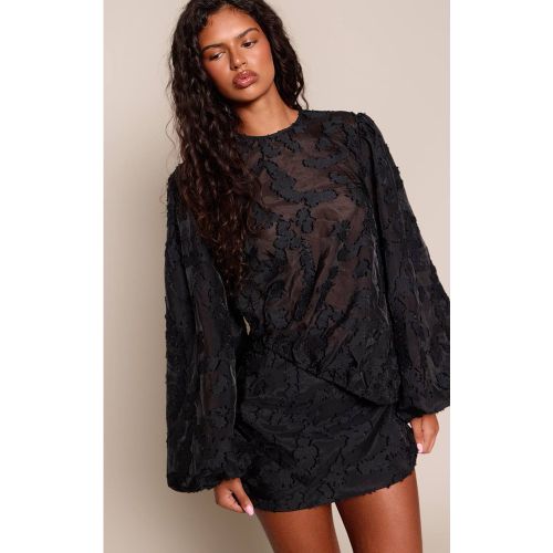 Black Robe Courte En Jacquard Tissé À Épaules Bouffantes, Manches Longues Et Découpe | Taille 42 - PrettyLittleThing - Modalova