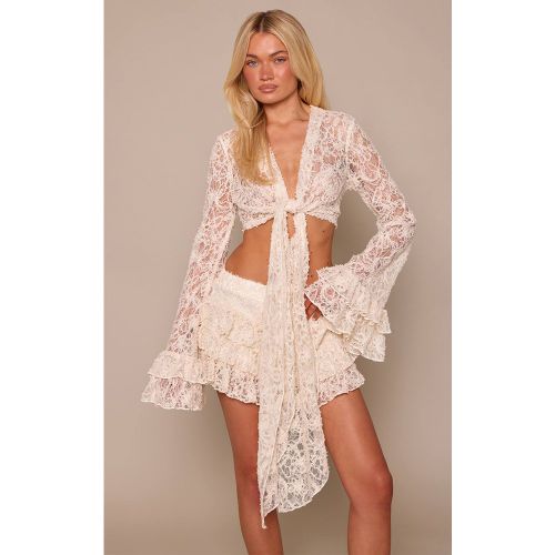 Cream Haut Texturé À Manches Évasées Exagérées Et Nœud Devant | Taille 42 - PrettyLittleThing - Modalova